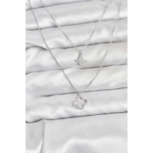 Pirinç Gümüş Renk Yonca Model 2li Kadın Kolye