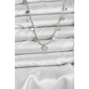 Pirinç Gümüş Renk Yonca Model Kadın Kolye