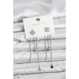 Pirinç Gümüş Renk Yonca Model Sallantılı Kadın Küpe