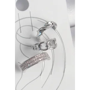 Pirinç Gümüş Renk Zirkon Taşlı 3Lü Zincir Sarmal Model Kadın Kıkırdak Küpe