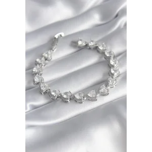 Pirinç Gümüş Renk Zirkon Taşlı Kalp Model VIP Seri Kadın Bileklik