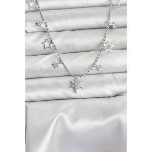 Pirinç Gümüş Renk Zirkon Taşlı Kutup Yıldızı Model Kadın Kolye