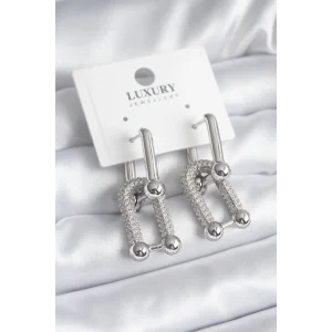 Pirinç Gümüş Renk Zirkon Taşlı Model VIP Seri Kadın Küpe