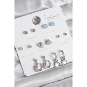 Pirinç Gümüş Renk Zirkon Taşlı Sallantı Halka Model Çiçek Detay 7 Çift Kadın Küpe Seti