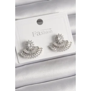 Pirinç Gümüş Renk Zirkon Taşlı Yelpaze Model Kadın Küpe