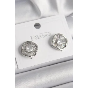 Pirinç Gümüş Renk Zirkon Taşlı Yonca Model Kadın Küpe