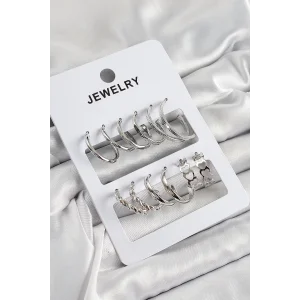Pirinç Karışık Halka Model Gümüş Renk 6 Çift Kadın Küpe Set