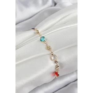Pirinç Karışık Renk Zirkon Taşlı Gold Renk Kadın Bileklik