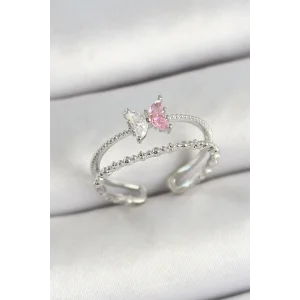 Pirinç Kelebek Figürlü Zirkon Taşlı Gümüş Renk Ayarlanabilir Kadın Yüzük