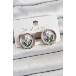 Pirinç Mor Mineli Lale Figürlü Sanatsal Portre Model Gold Renk Kadın Küpe