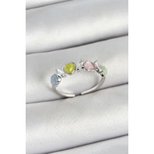 Pirinç Sıralı Kalp Figürlü Zirkon Taşlı Gümüş Renk Ayarlanabilir Kadın Yüzük