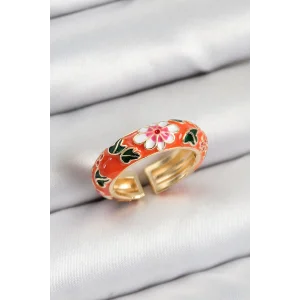 Pirinç Turuncu Mineli Çiçek Motifli Gold Renk Ayarlanabilir Kadın Yüzük