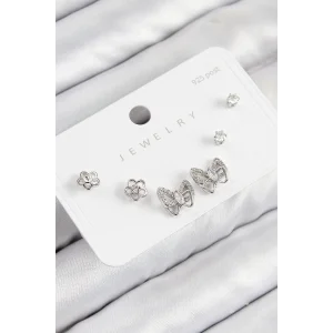 Pirinç Zirkon Taşlı Kelebek Model Gümüş Renk 925 Ayar Gümüş Çivi Kadın Küpe Set