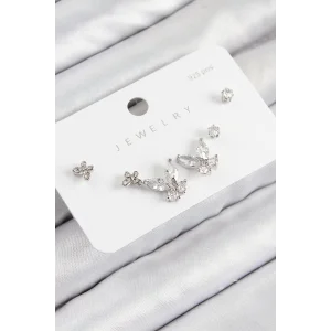 Pirinç Zirkon Taşlı Kelebek Model Gümüş Renk 925 Ayar Gümüş Çivi Kadın Küpe Set