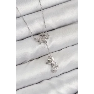 Pirinç Zirkon Taşlı Sallantılı Ayıcıklı Yıldız Model Gümüş Renk Kadın Kolye