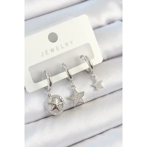 Pirinç Zirkon Taşlı Yıldız Model Gümüş Renk 3lü Çift Kadın Küpe Set