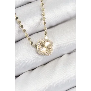 Pirinç Zirkon Taşlı Yonca Model Ezme Zincir Gold Renk Kadın Kolye