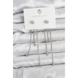 Topçuk Model Gümüş Renk Pirinç Sallantılı Kadın Küpe Seti