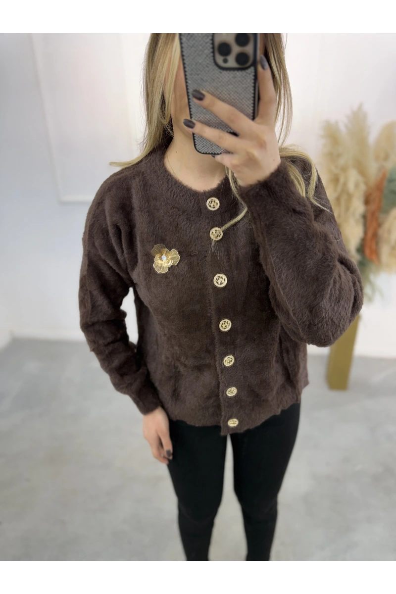 Angora Broşlu Düğmeli Hırka