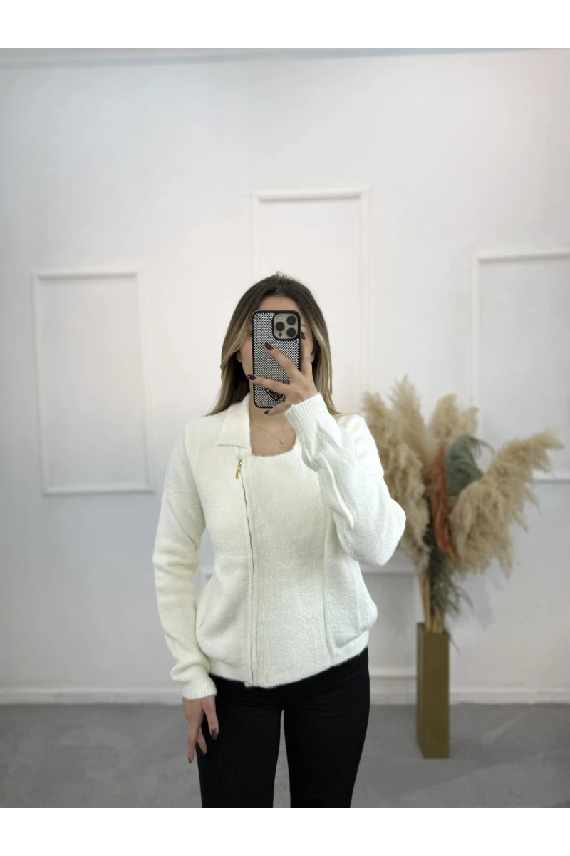 Angora Fermuar Detaylı Gömlek Yaka Hırka