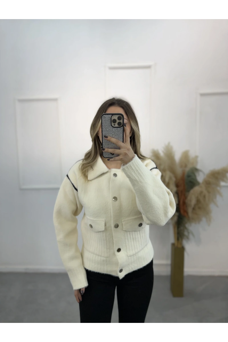 Angora Gömlek Yaka Şeritli Hırka
