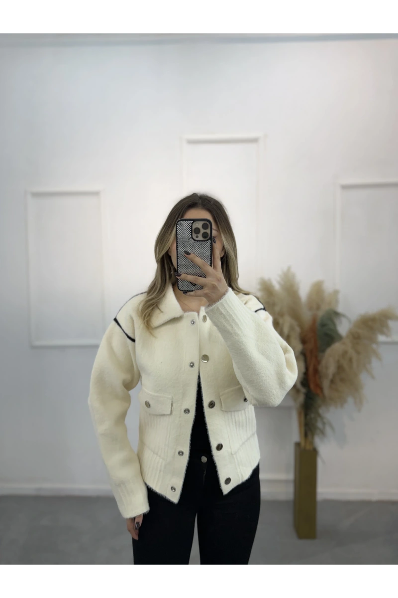 Angora Gömlek Yaka Şeritli Hırka