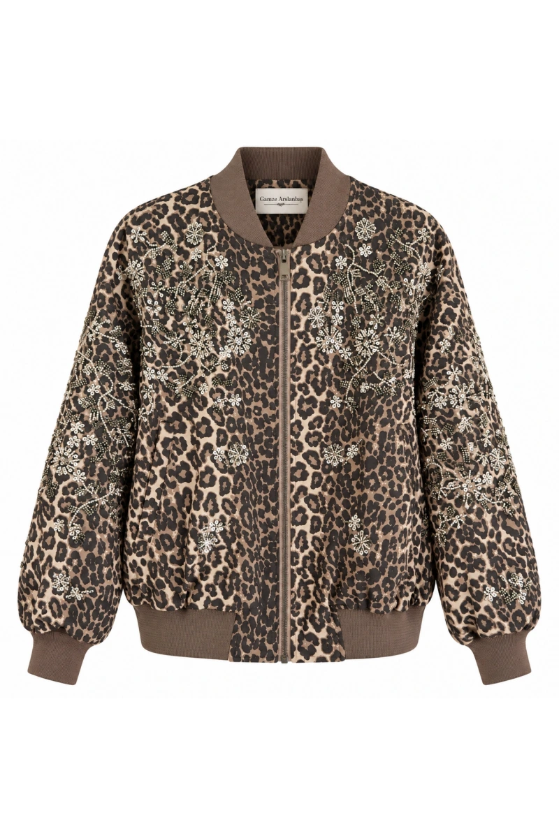 Boncuk İşlemeli Leopar Mont