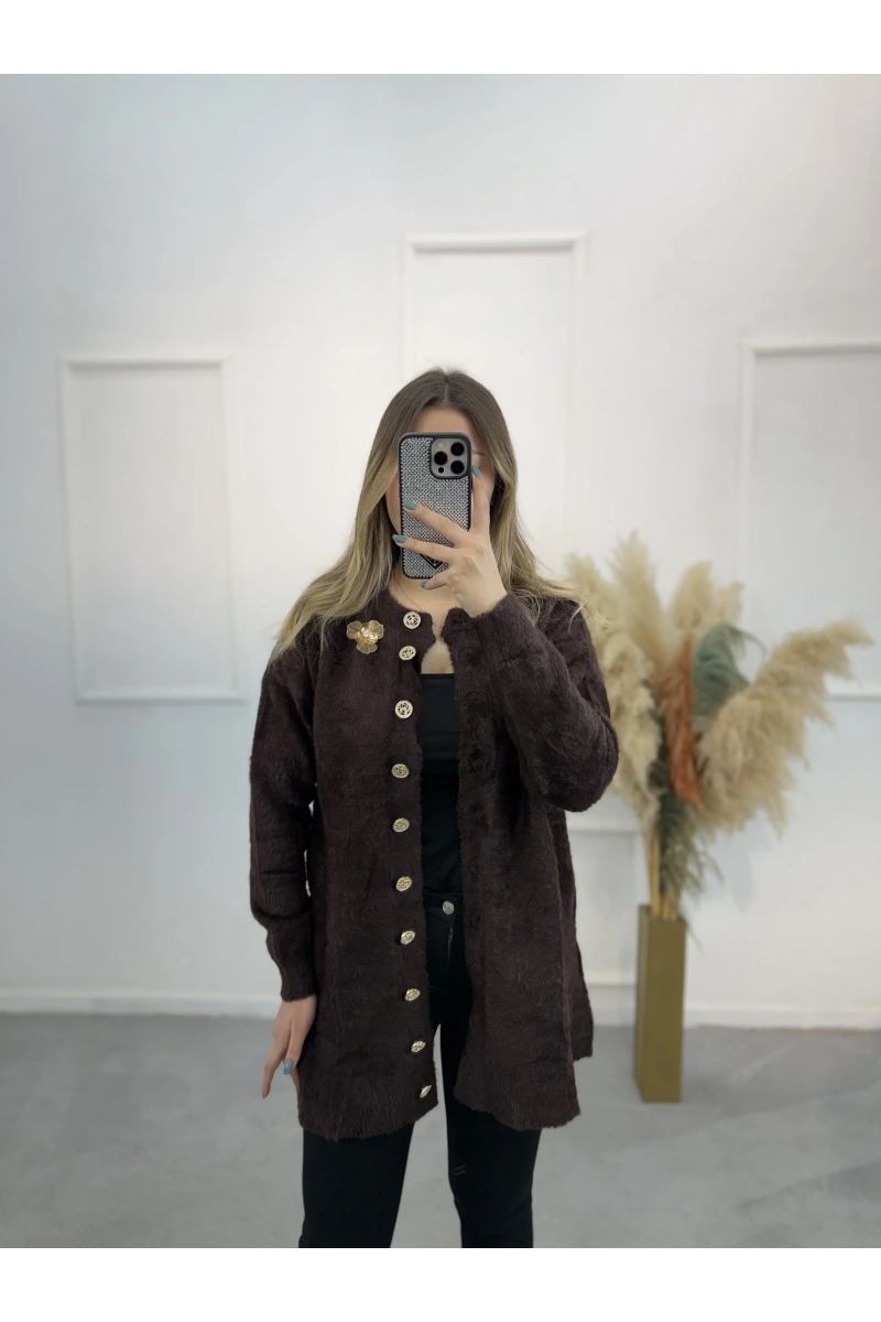 Caxi Angora Broşlu Uzun Ceket
