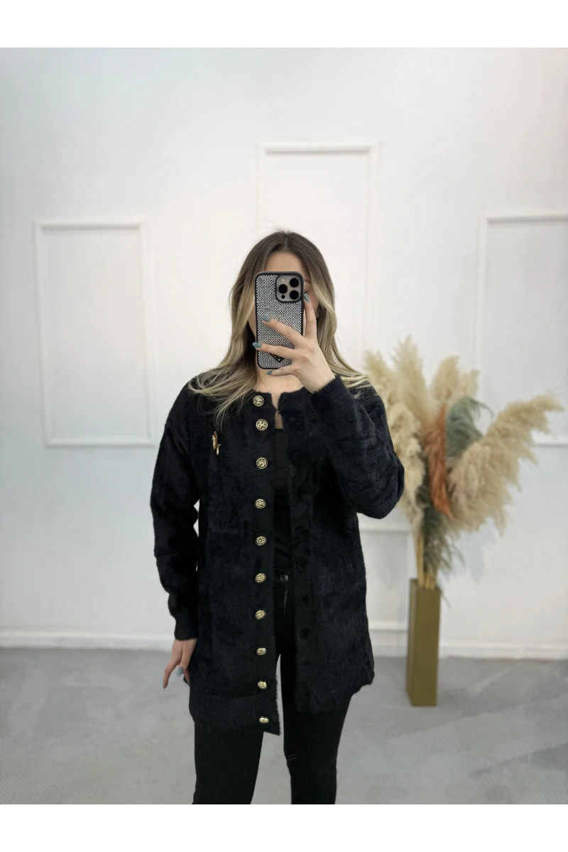 Caxi Angora Broşlu Uzun Ceket