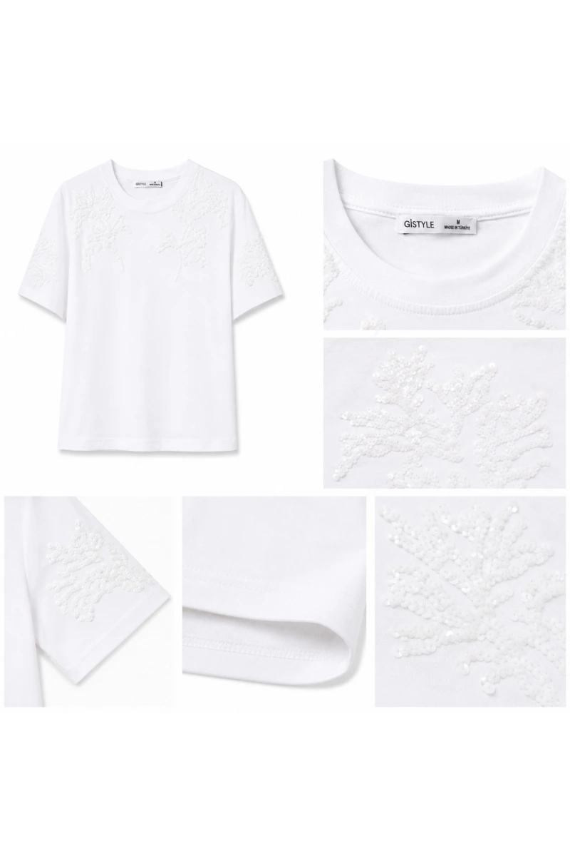 Çiçek Desenli Payet İşlemeli T-Shirt