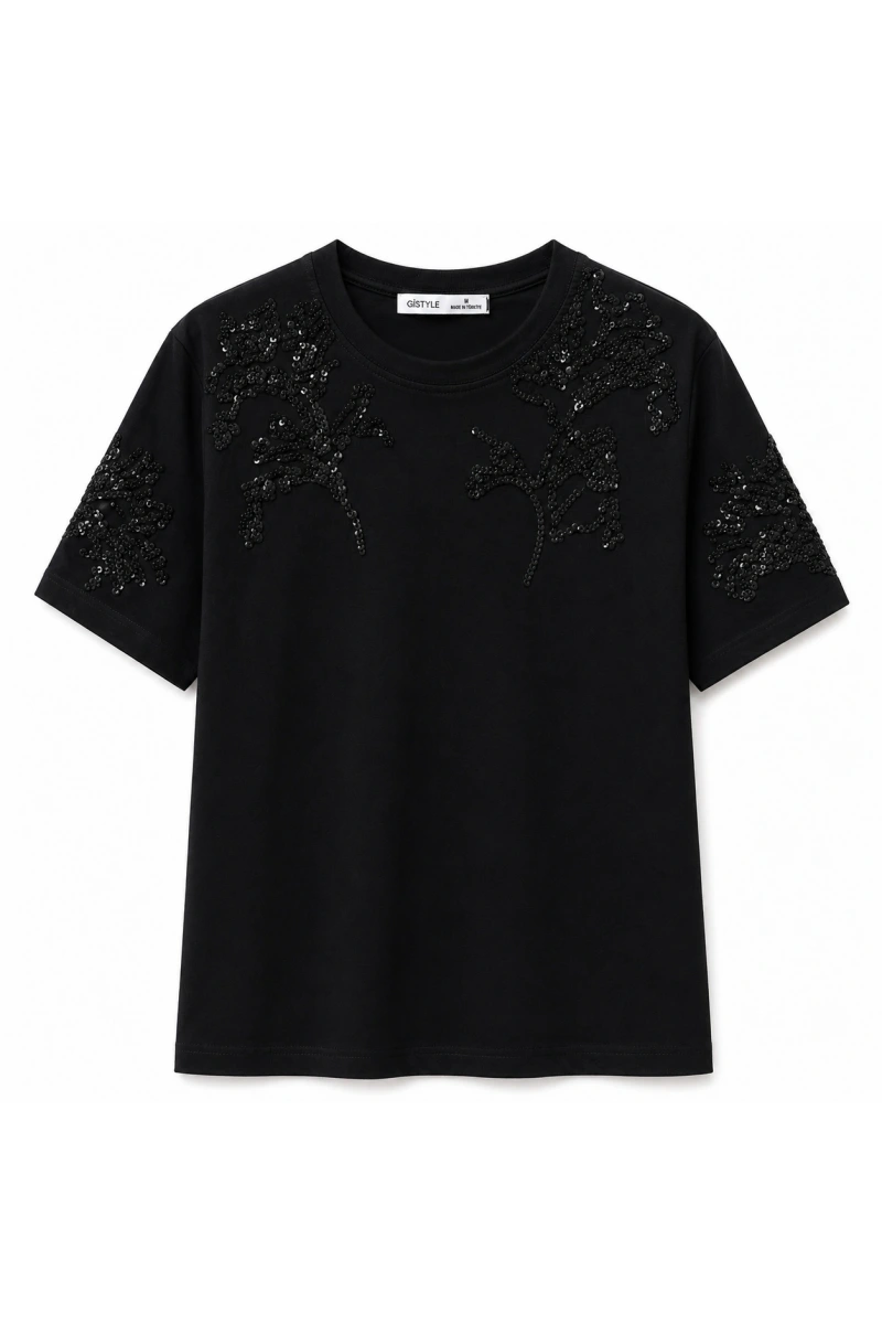 Çiçek Desenli Payet İşlemeli T-Shirt