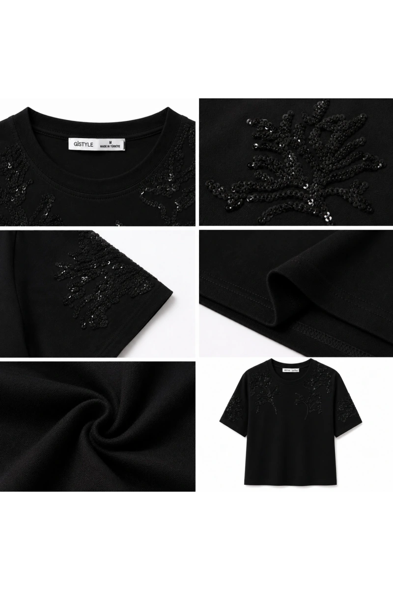 Çiçek Desenli Payet İşlemeli T-Shirt