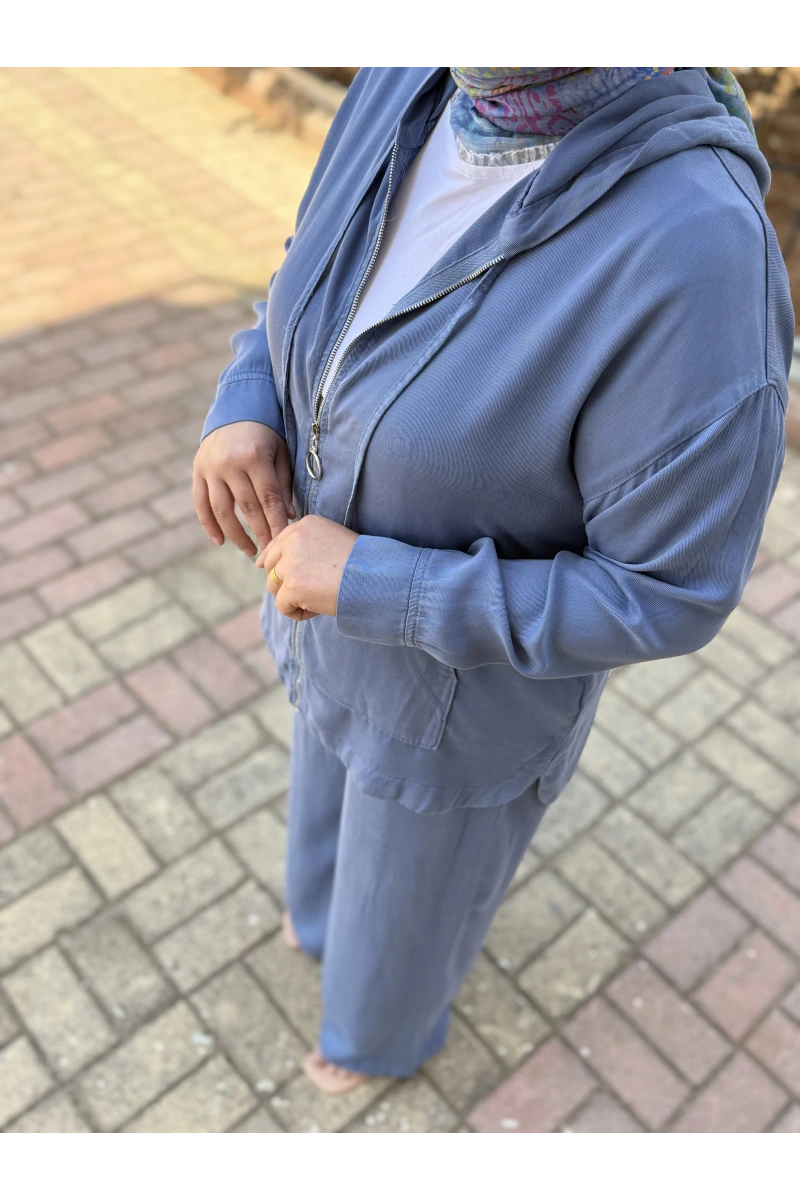 Fermuarlı Kapüşonlu Denim İkili Takım