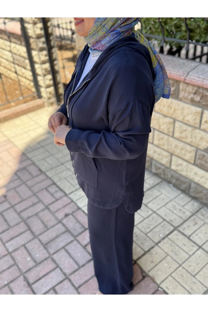 Fermuarlı Kapüşonlu Denim İkili Takım