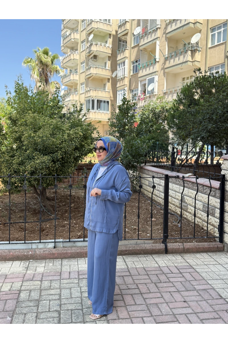 Fermuarlı Kapüşonlu Denim İkili Takım