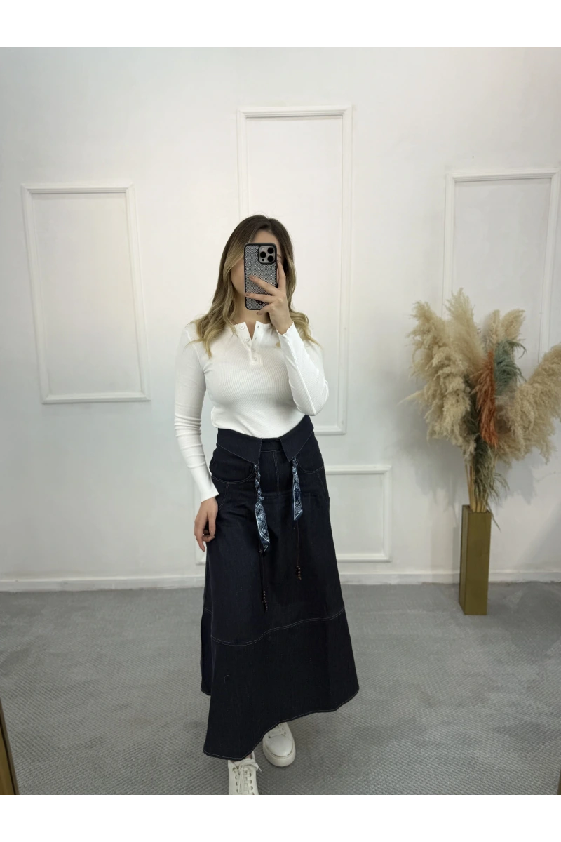 Fular Kemerli Gabardin Pileli Denim Etek