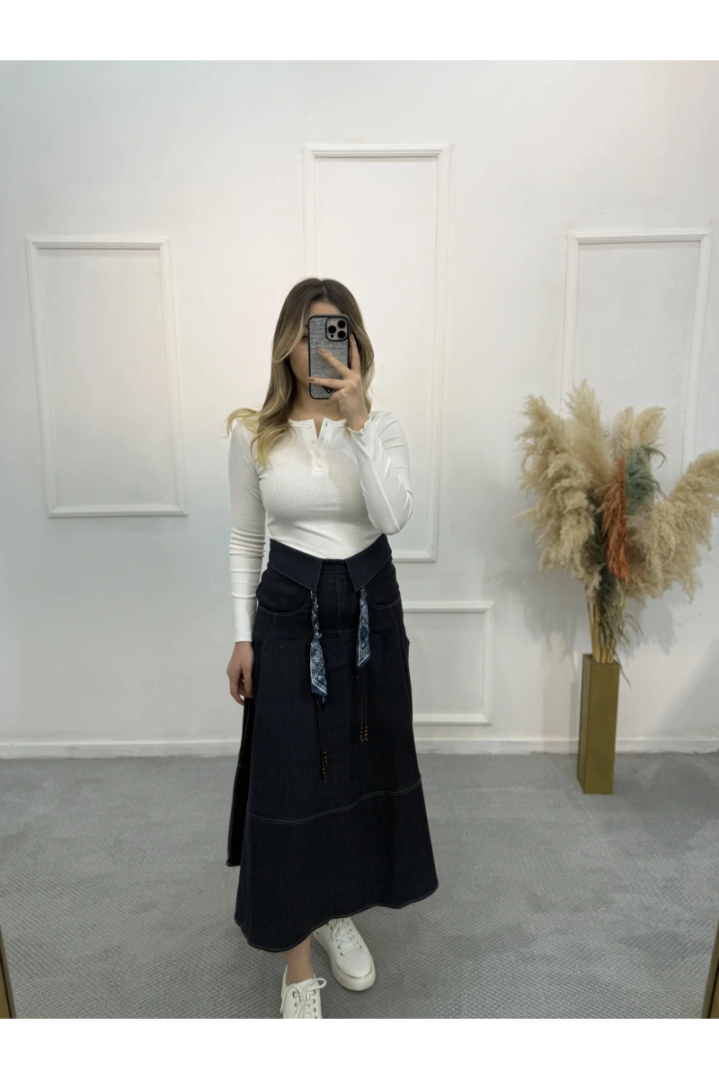 Fular Kemerli Gabardin Pileli Denim Etek