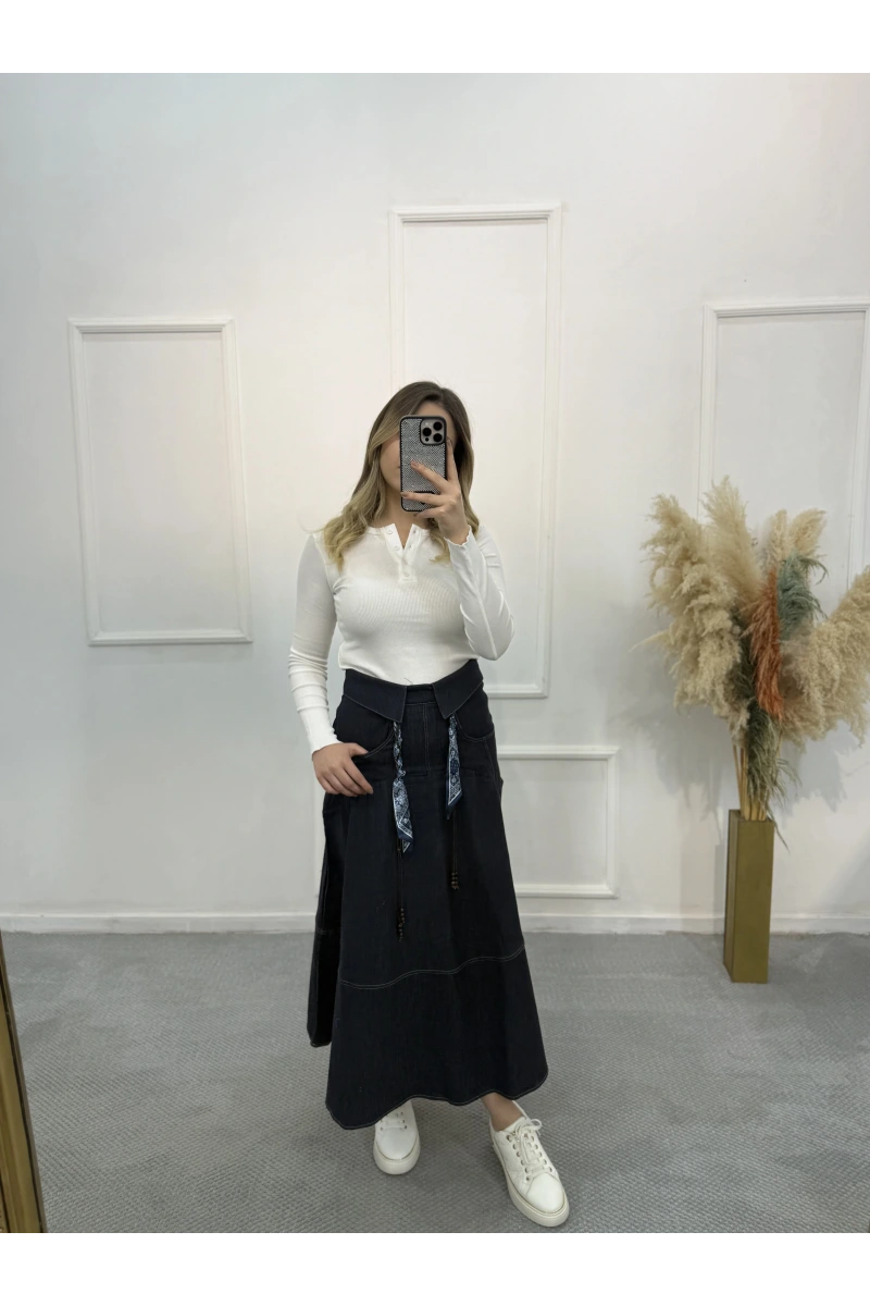 Fular Kemerli Gabardin Pileli Denim Etek