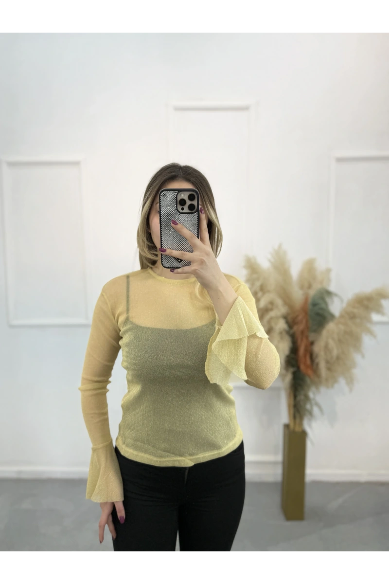 Gold Simli Tül Bluz