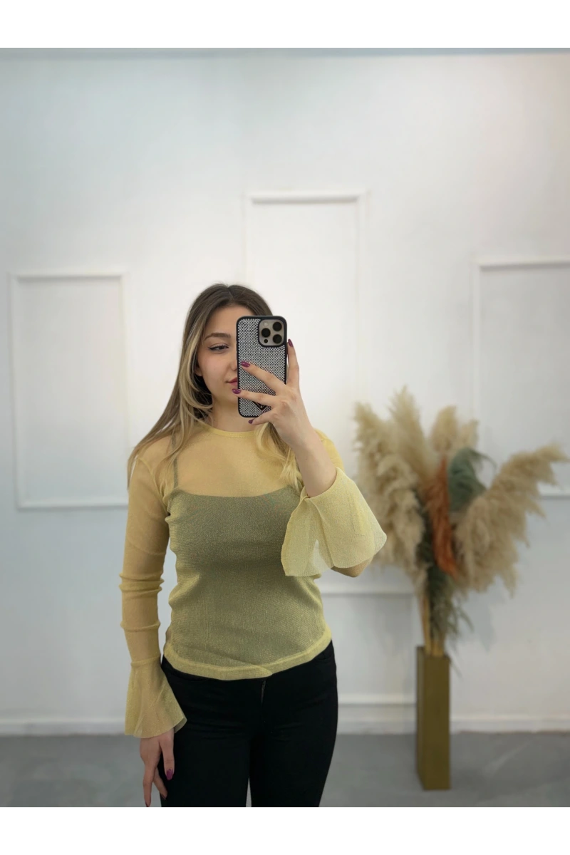 Gold Simli Tül Bluz
