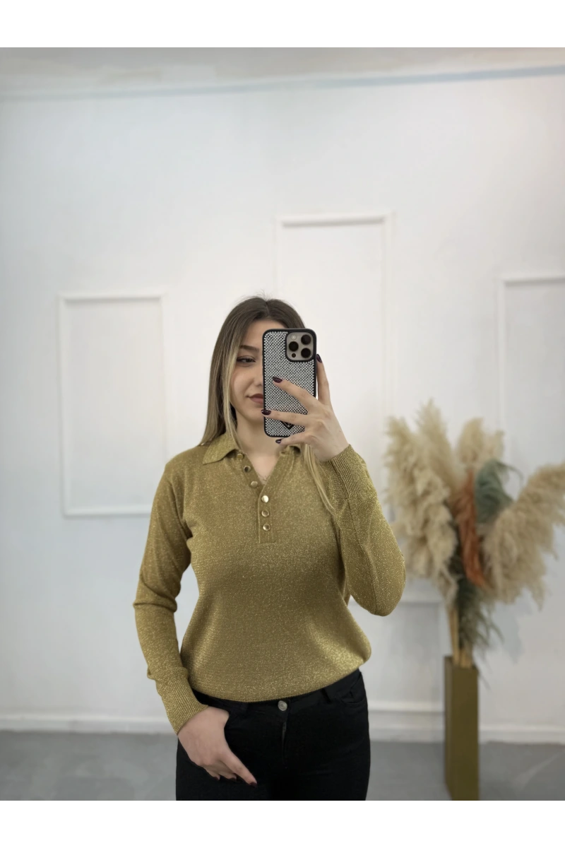Lori Gold Düğmeli Simli Polo Yaka Triko Kazak