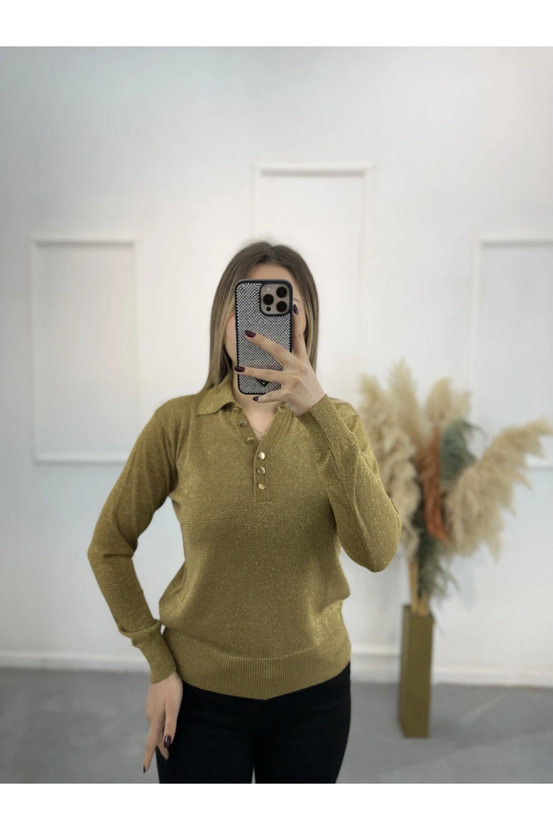 Lori Gold Düğmeli Simli Polo Yaka Triko Kazak