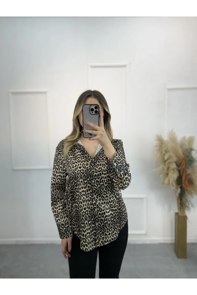 Newwa Pamuk Saten Leopar Gömlek