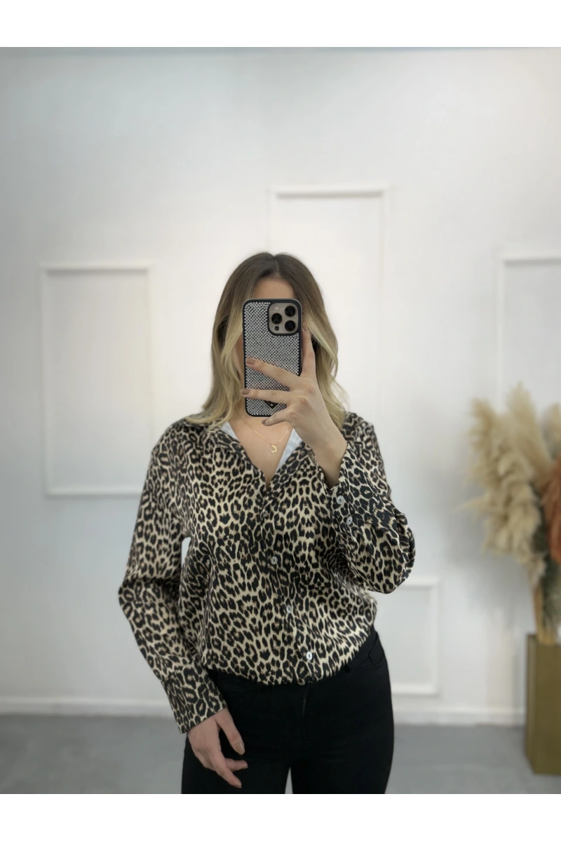Newwa Pamuk Saten Leopar Gömlek