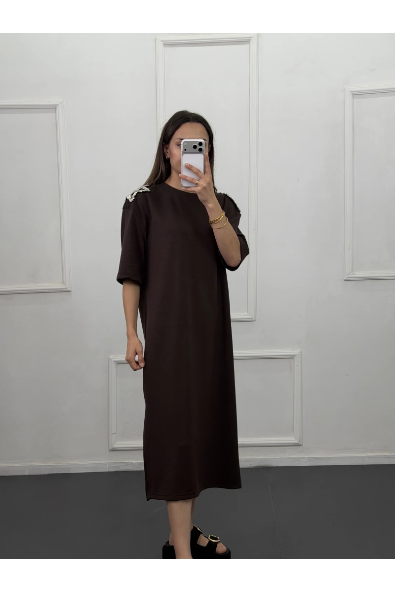 Omuzları Yıldız Taşlı Modal Elbise