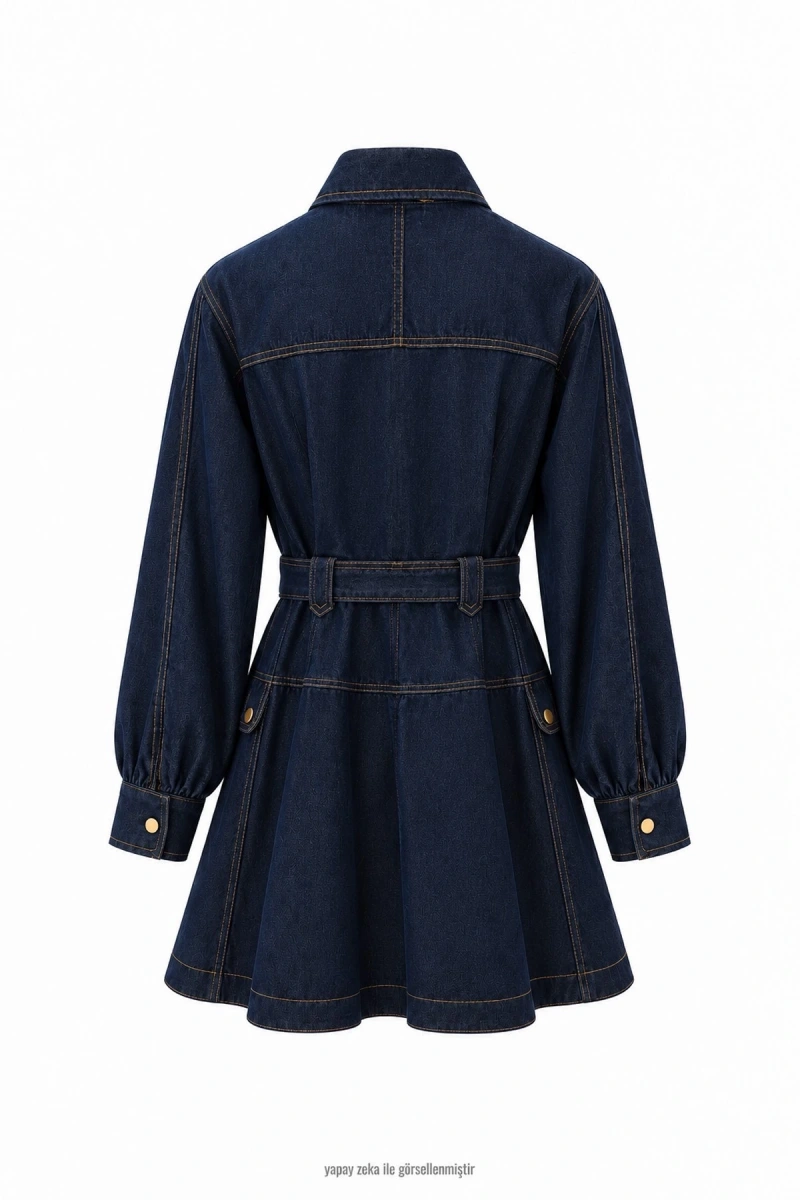 Orjinal Model Taba Dikiş Kemerli Jean Elbise