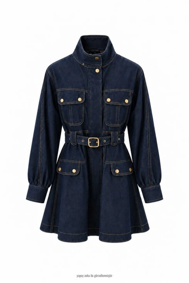 Orjinal Model Taba Dikiş Kemerli Jean Elbise