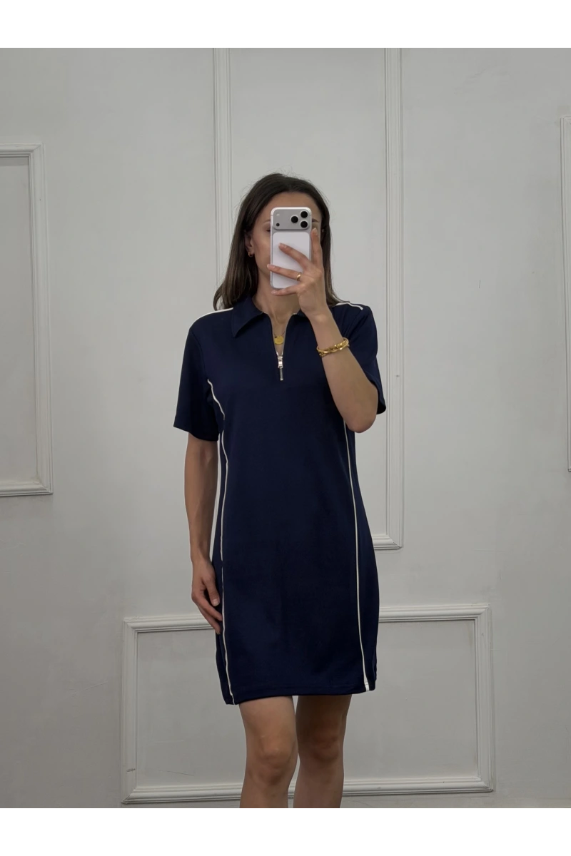 Polo Yaka Fermuarlı Şerit Detaylı Elbise