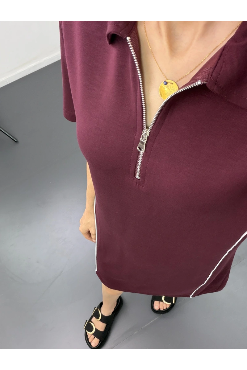 Polo Yaka Fermuarlı Şerit Detaylı Elbise