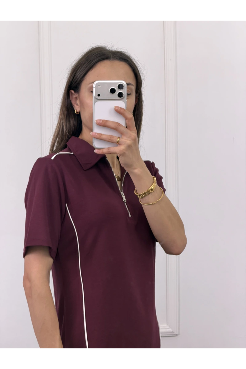 Polo Yaka Fermuarlı Şerit Detaylı Elbise